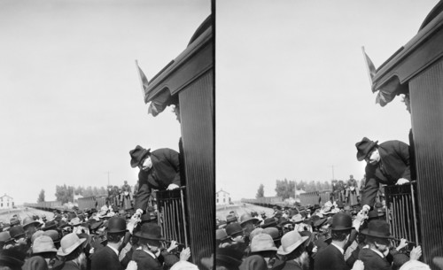 William Howard Taft, Standing on Back of Railroad Car and Shaking Hands during Presidential Campaign Tour, Stereo Card, Underwood & Underwood, 1908