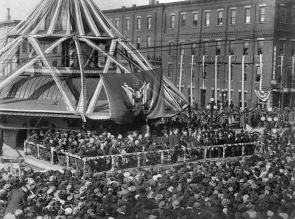 U.S. President William Howard Taft Speaking to Large Crowd on Outdoor Stage, Decatur, Illinois, USA, Photograph by International Stereograph, February 11, 1911