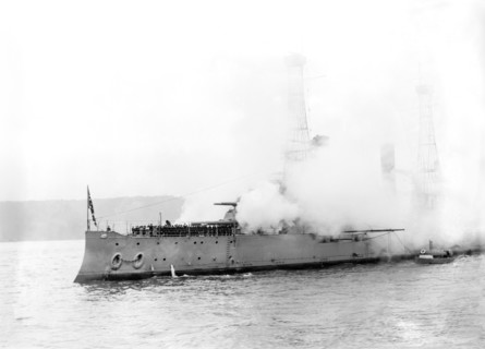 Battleship Connecticut Saluting the Presidential Yacht Mayflower during Naval Review for U.S. President William Howard Taft, New York Harbor, New York City, New York, USA, Photograph by Bain News Serv...