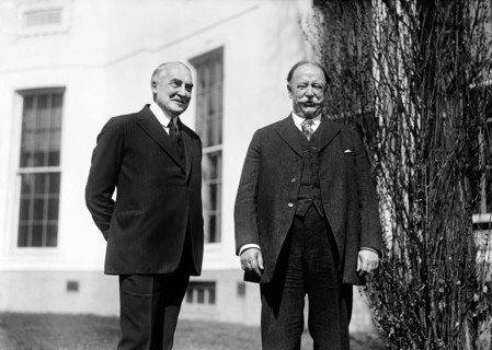 U.S. President Warren G. Harding and Former President William Howard Taft at the White House, following the death of Chief Justice Edward Douglass White, Harding nominated Taft to be Chief Justice, Wa...