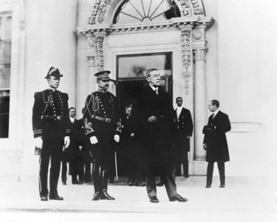 U.S. President Woodrow Wilson Standing with Two Military Aides at White House Entrance, Washington, D.C., USA, Photograph by Herbert E. French, National Photo Company, 1913