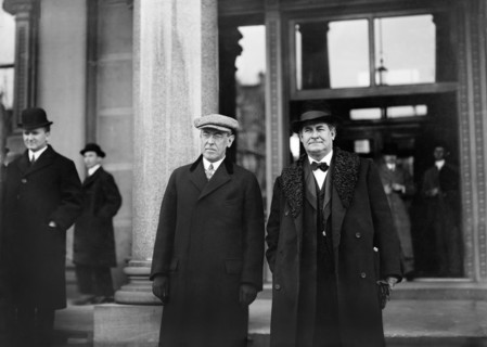 U.S. President-Elect Woodrow Wilson (left) and William Jennings Bryan, Leaving Building, Three-Quarter Length Portrait, Trenton, New Jersey, USA, Bain News Service, December 1912