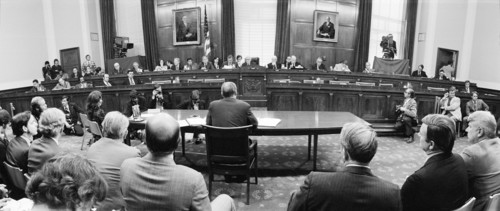 U.S. President Gerald Ford appearing at the House Judiciary Subcommittee hearing on pardoning former President Richard Nixon, Washington, D.C., USA, photograph by Thomas J. O'Halloran, October 17, 197...