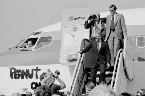 Democratic Presidential Nominee Jimmy Carter Disembarking from "Peanut One" Campaign Airplane at Pittsburgh-Allegheny County Airport during Campaign Stop, Pittsburgh, Pennsylvania, USA, photograph by ...