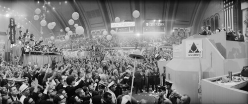U.S. President Lyndon Johnson at Podium during Democratic National Convention, Boardwalk Hall, Atlantic City, New Jersey, USA, photographer Thomas J. O'Halloran, Warren K. Leffler, August 26, 1964