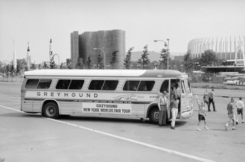 Greyhound Bus arriving at New York World's Fair,  Flushing Meadows–Corona Park, Queens, New York City, New York, USA, photograph by Thomas J. O'Halloran, June 1965