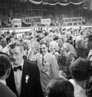 Thomas E. Dewey, Governor of New York, waving from Floor of Convention Hall during Republican National Convention, International Amphitheatre, Chicago, Illinois, USA, photograph by Thomas J. O'Hallora...