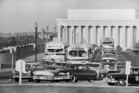 Traffic, Arlington Memorial Bridge with Lincoln Memorial in Background, Arlington, Virginia and Washington, D.C., USA, photograph by Thomas J. O'Halloran, September 1957