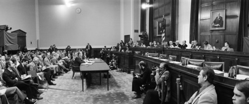 U.S. President Gerald Ford appearing at the House Judiciary Subcommittee hearing on pardoning former President Richard Nixon, Washington, D.C., USA, photograph by Thomas J. O'Halloran, October 17, 197...