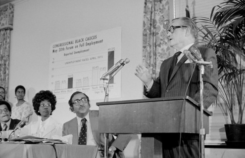 U.S. Vice President Nelson Rockefeller Addresses Congressional Black Caucus Full Employment Forum as New York Congresswoman Shirley Chisholm Looks on, Washington, D.C., USA, photograph by Thomas J. O'...