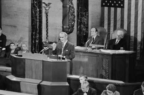 U.S. President Lyndon Johnson delivering State of the Union Address to Joint Session of U.S. Congress, Washington, D.C., USA, photograph by Thomas J. O'Halloran, January 14, 1969