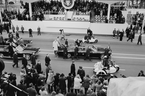 U.S. President Richard Nixon standing up through Sun Roof of Car during Presidential Inauguration Parade, Washington, D.C., USA, photograph by Thomas J. O'Halloran, January 20, 1969