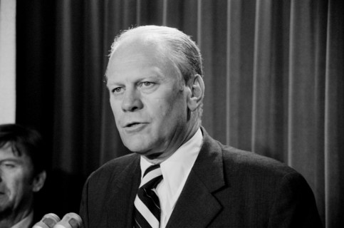 Gerald R. Ford, Head and Shoulder Portrait speaking to Press shortly after becoming U.S. President upon Richard Nixon's Resignation, Washington, D.C., USA, photographer Thomas J. O'Halloran, Warren K....