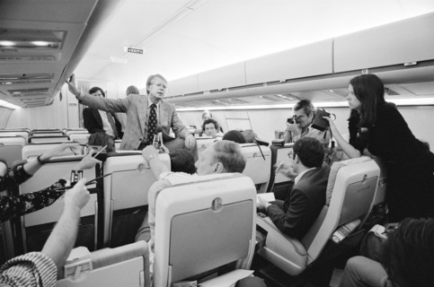 Democratic Presidential Nominee Jimmy Carter holding an informal Press Conference aboard "Peanut One" Campaign Airplane on Campaign Trip, photograph by Thomas J. O'Halloran, September 11, 1976