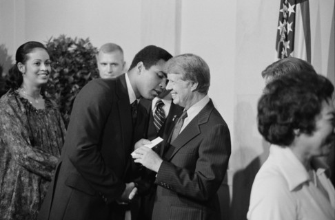 U.S. President Jimmy Carter greets Mohammed Ali at White House Dinner celebrating the signing of the Panama Canal Treaty, Washington, D.C., USA, photograph by Marion S. Trikosko, September 7, 1977
