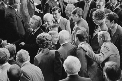 U.S. President Jimmy Carter at the State of the Union address surrounded by Members of Congress, Washington, D.C., USA, photographer Thomas J. O'Halloran, Warren K. Leffler, January 23, 1980