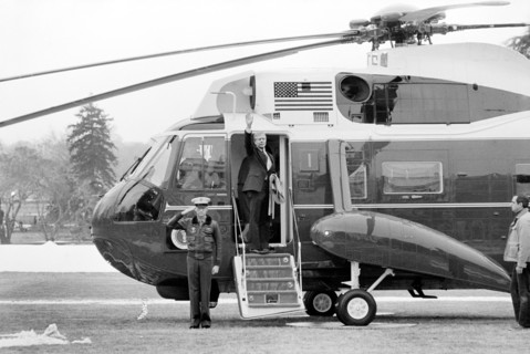 U.S. President Jimmy Carter waving goodbye as he departs the White House, Washington, D.C., for Camp David, Maryland aboard Marine One, photograph by Warren K. Leffler, January 16, 1981