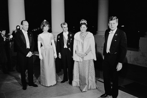First Lady Jacqueline Kennedy, Mohammad Reza Pahlavi, Shah of Iran, Farah Pahlavi and U.S. President, John F. Kennedy, group portrait, White House, Washington, D.C., USA, photograph by Warren K. Leffl...