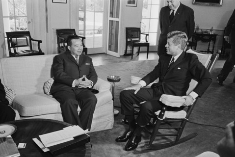 Laotian Prime Minister Souvanna Phouma with U.S. President John F. Kennedy, White House, Washington, D.C, USA, photograph by Marion S. Trikosko, July 27, 1962