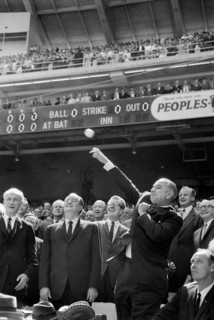U.S. President Lyndon Johnson Tossing out First Ball at Opening Day Baseball Game, Washington, D.C., USA, photographer Marion S. Trikosko, Warren K. Leffler, April 12, 1965