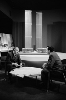 Two Officials of Port of New York Authority discussing Office Space with Model of New World Trade Center in background, New York City, New York, USA, photograph by Thomas J. O'Halloran, January 1971