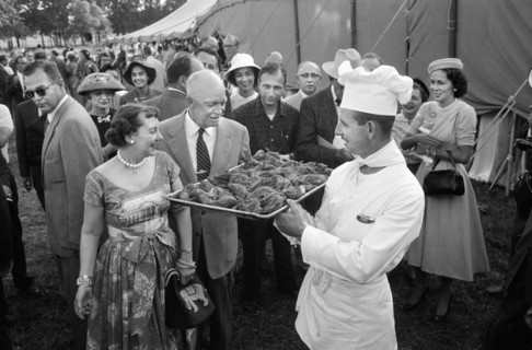 U.S. President Dwight Eisenhower and First Lady Mamie Eisenhower at Presidential Campaign Kick-Off Picnic at their Farm, Gettysburg, Pennsylvania, USA, photograph by Thomas J. O'Halloran, September 12...