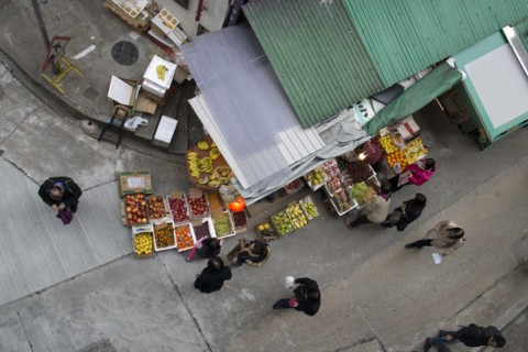 High Angle View of Corner Market and Street Scene, Hong Kong, China