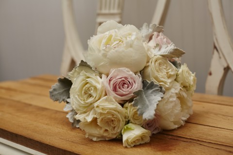 Bouquet of Flowers on Wood Bench