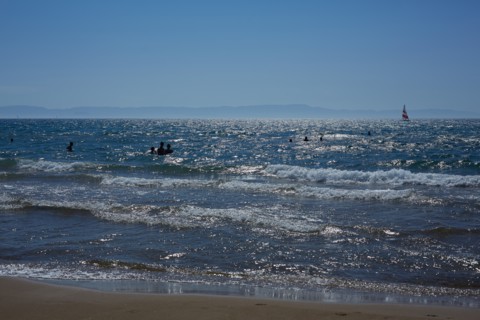 Silhouette of People Swimming in Sea, Patras, Greece
