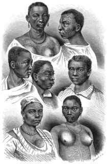 Clothing, Ornamentation and Tattoos, Africa,  Illustration after Hand drawings by Rugendas, from the book, "Volkerkunde" by Dr. Friedrich Ratzel, Bibliographisches Institut, Leipzig, 1885