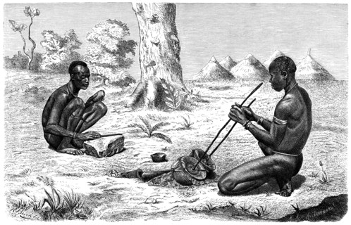 Bari Men Forging, Illustration from a Photo by Richard Buchta, from the book, "Volkerkunde" by Dr. Friedrich Ratzel, Bibliographisches Institut, Leipzig, 1885
