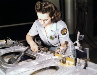 War Production Worker Drilling a Wing Bulkhead for Transport Plane