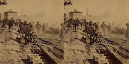 Group of Union Soldiers tearing up Confederate Railroad Tracks before evacuating Atlanta