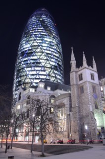 Gherkin Tower and St. Andrew Church at Night