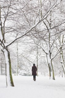 Rear View of Woman Walking in Snowy Landscape