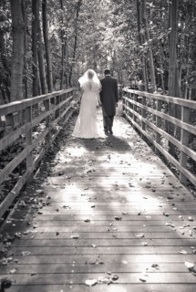 Rear View of Bride and Groom walking on Wood Pathway