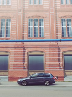 Parked Car with Fake Buildings Scene hiding Construction Site