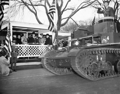 U.S. President Franklin Roosevelt observing Army Day while reviewing Parade comprising all arms of Service. Also in attendance: Brigadier General Albert Cox