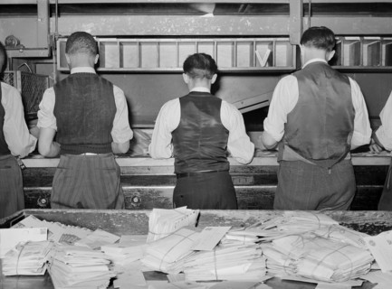 Workers sorting mail at Main Post Office, Washington, 1938