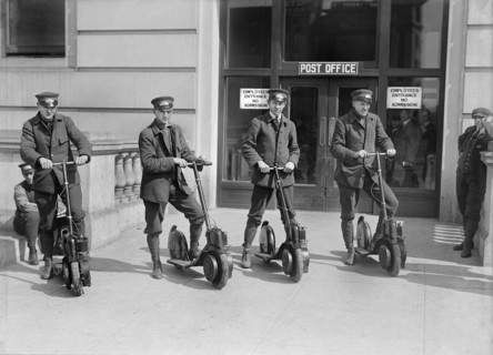 Postmen on Scooters at Post Office, Washington, 1910's