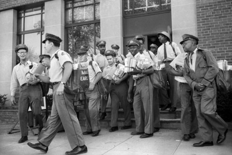 Group of Mailmen about to start their deliveries from Post Office, New York City, May 1957