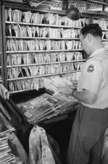 Workers sorting mail at Post Office, New York City, May 1957