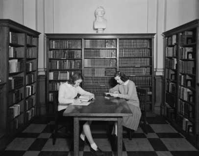 Two Students studying in Library, Trinity College (Trinity Washington University), 1952