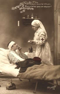 Red Cross Nurse striking match to light Wounded Soldier's Cigarette, Postcard by Revanche,