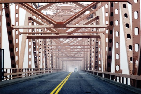 Two-Lane Bridge, Vehicle pulling Horse Trailer in Distance,