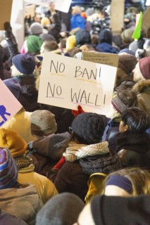 Protester holding Sign "No Ban No Wall", Protest against Muslim Travel Ban,