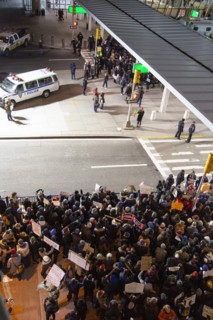 High Angle View of Crowd at Protest against Muslim Travel Ban, JFK Airport,