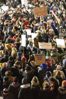 High Angle View of Crowd holding Signs at Protest against Muslim Travel Ban, JFK Airport,