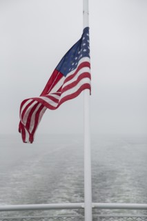 American Flag waving on Rear of Ferry,,