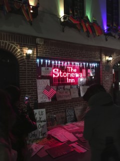 Protest Signs in front of Stonewall Inn at Night, Greenwich Village,